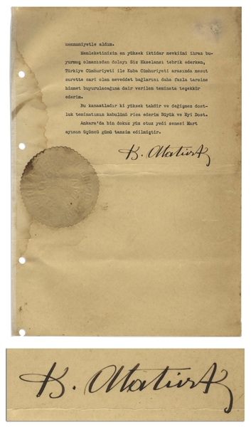 Rare Document Signed by the Founder of the Republic of Turkey and Its First President, Mustafa Kemal Ataturk